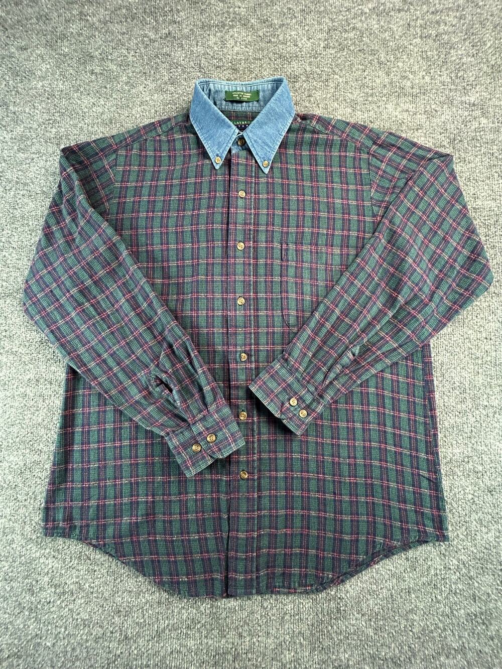 Vintage 90s Claybrooke Outdoors Flannel Mens M Plaid Denim Collar Cotton USA